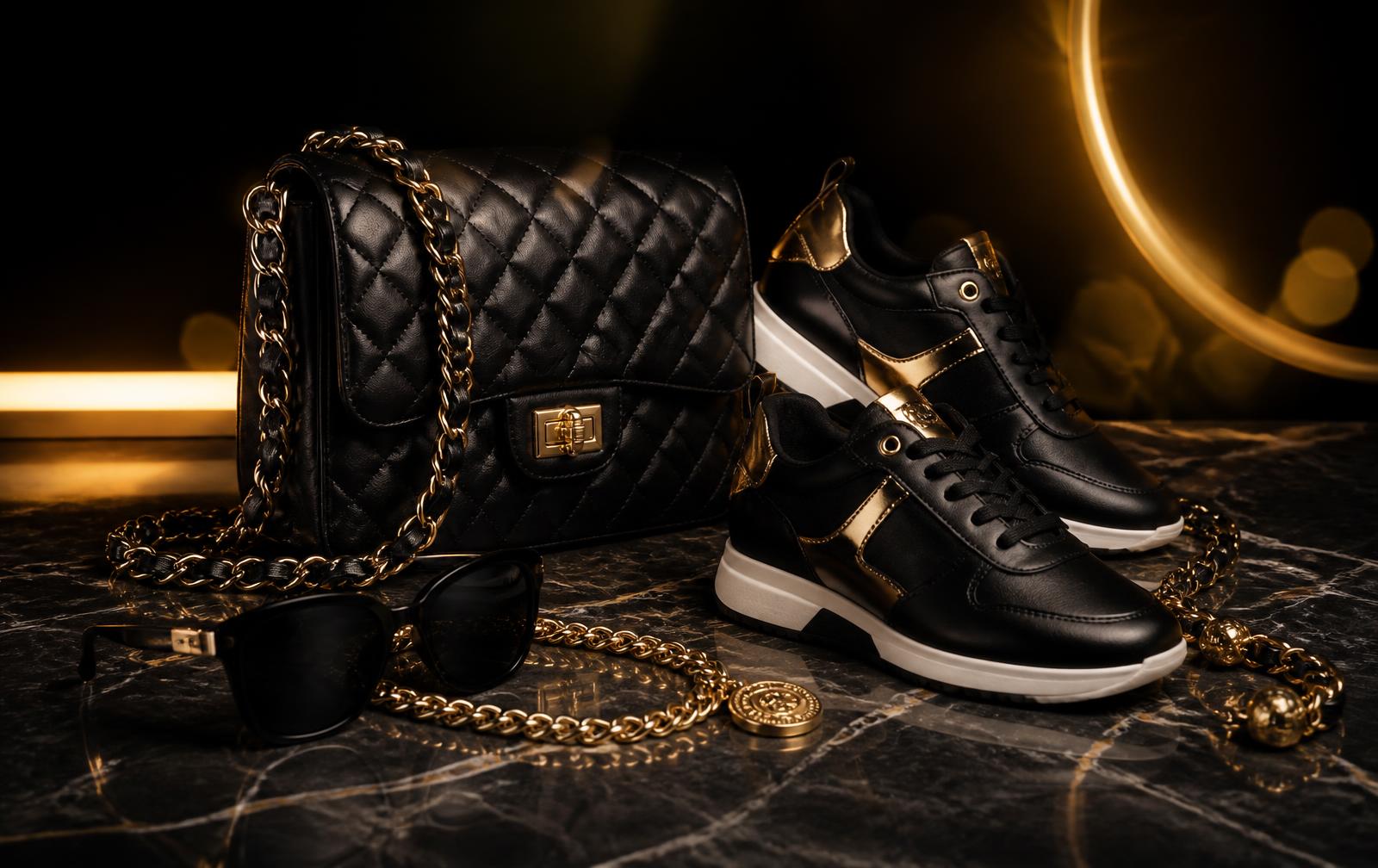 Black and gold handbag, sneakers and accessories